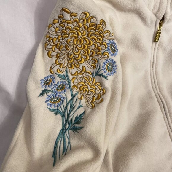 Bob Mackie Wearable Art Jacket Size L Embroidered Floral Full Zip Fleece Cream - Picture 7 of 14